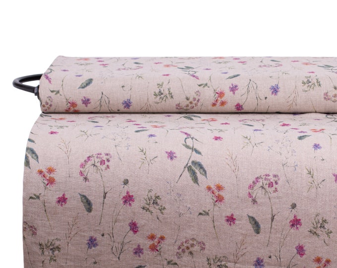 Pure Linen Fabric with a Beautiful Summer Flower Meadow Print. Sustainable Fabric for Fashion and Home Decor