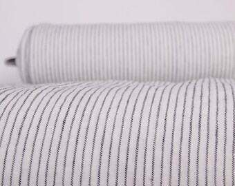 100% Linen Fabric In A White-And-Black Striped Pattern. Fabric Pre-Washed, Organic, For Creating Clothing, Tablecloths, Bed Linens, Curtains