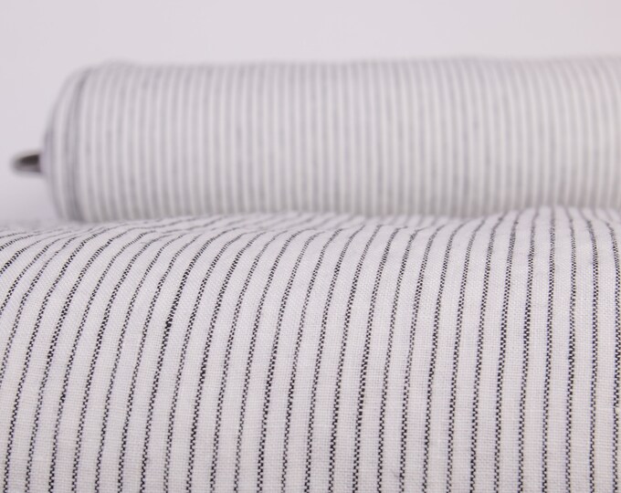100% Linen Fabric In A White-And-Black Striped Pattern. Fabric Pre-Washed, Organic, For Creating Clothing, Tablecloths, Bed Linens, Curtains