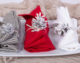 Handmade Linen Napkins Set: Berry Red Mitered Hem, Pre-washed