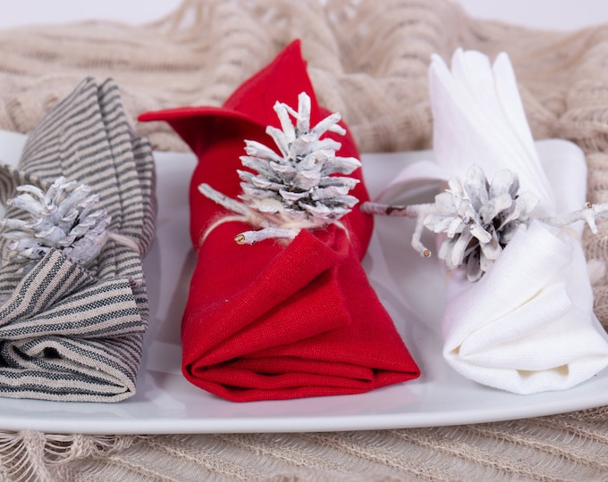 Handmade Linen Napkins Set: Berry Red Mitered Hem, Pre-washed