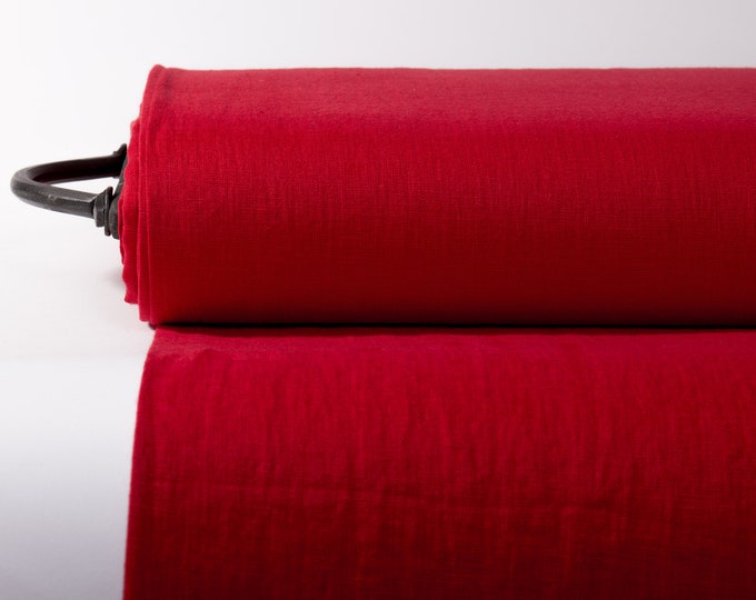 Washed Red Pure Linen Fabric - Medium Weight for Clothing, Home & Accessories. Premium Red Medium Weight Linen - Certified European Flax