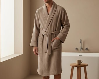 Linen Bathrobe Men, Waffle Linen Robe with Collar, Soft Cotton Linen Spa Robe, Lightweight Kimono Bathrobe, Birthday Gift for Husband