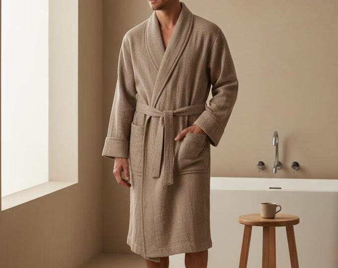 Linen Bathrobe Men, Waffle Linen Robe with Collar, Soft Cotton Linen Spa Robe, Lightweight Kimono Bathrobe, Birthday Gift for Husband