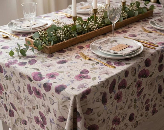 Floral Linen Tablecloth, Rustic Wedding Decor, Printed Organic Tablecloth