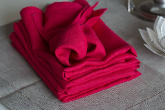 LINEN NAPKINS SET 6 Raspberry red Washed 100% linen napkins