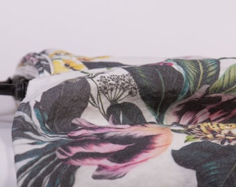 Pure 100% linen fabric. Floral digital print fabric UTOPIA white Design: MP416-01 Apparel linen fabric medium weight, washed, softened