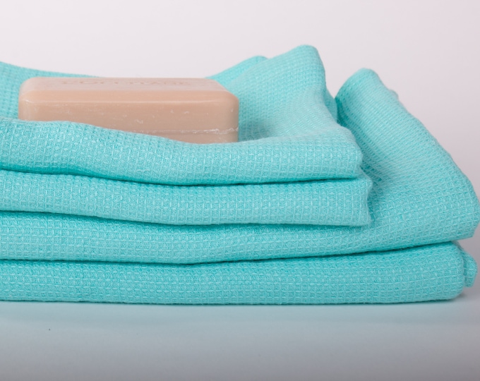 Pure 100% Linen Waffle Pique Bath Towels Mint Green Medium weight Washed Organic Eco friendly