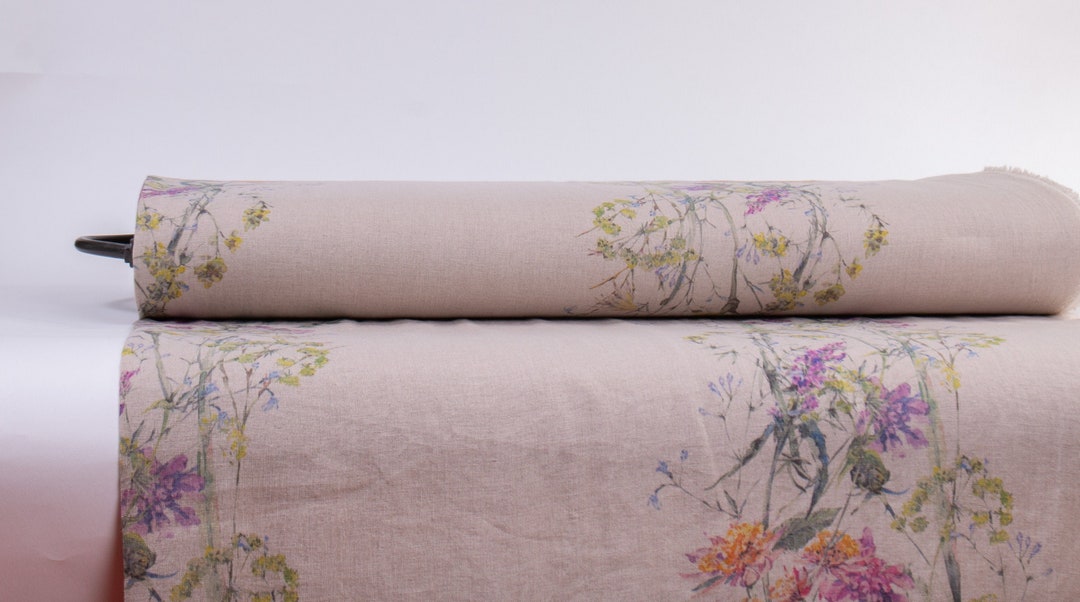 Pure 100% Linen Fabric Printed Natural Meadow Braid Medium Weight ...