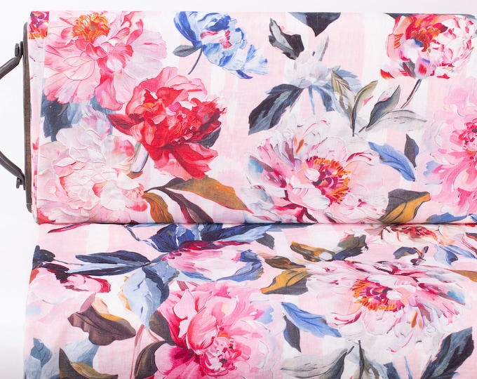 Floral Linen Fabric with Pattern Maison de Fleurs for Sewing and DIY Projects. Fabric Digitally Printed,  Medium weight, Durable