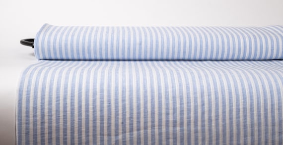 French Linen Fabric by Yard | Blue Stripe Lightweight 100% European Flax (OEKO-TEX Certified)