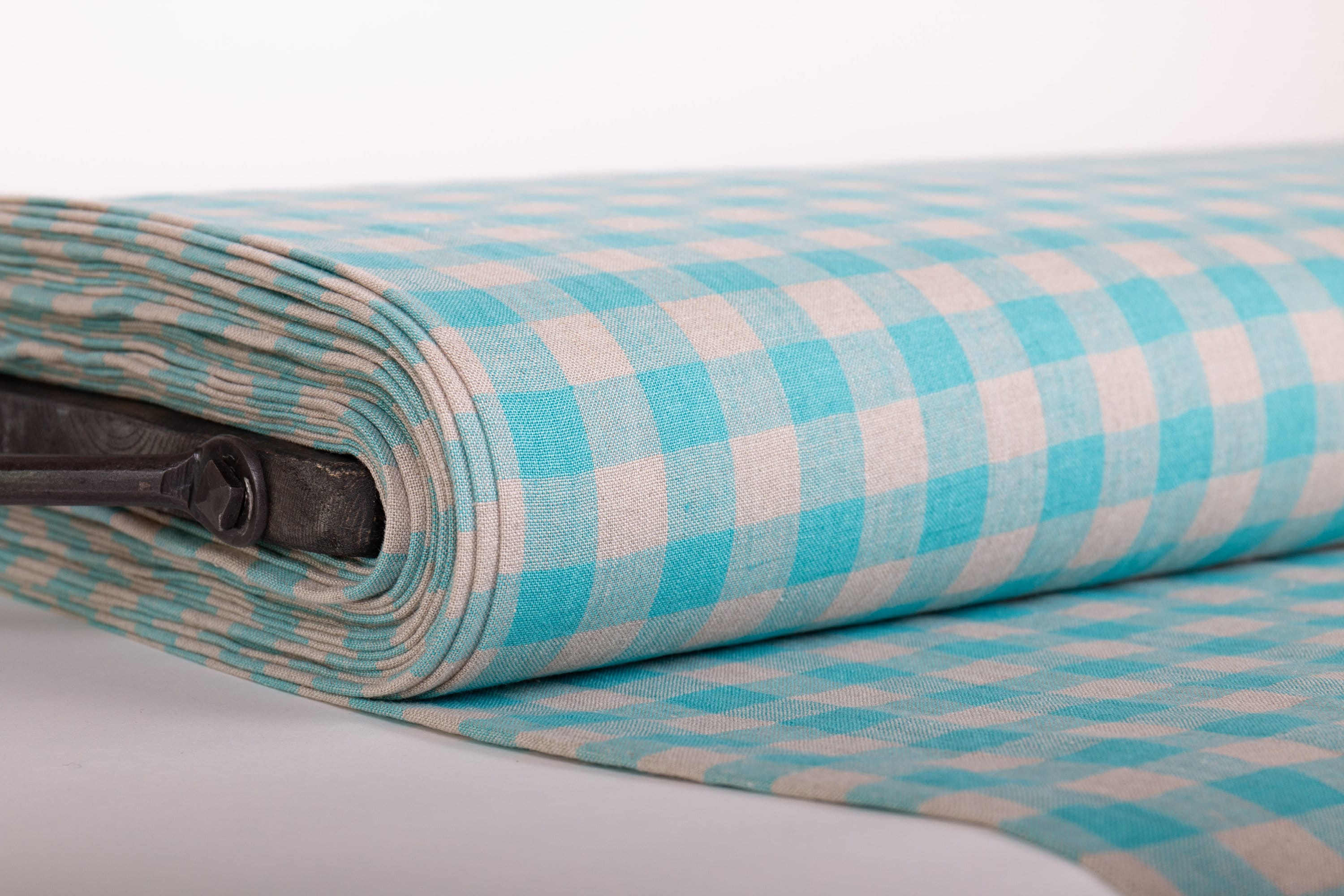 Pure 100 Linen Fabric Gingham check Bright Turquoise/Not dyed Medium