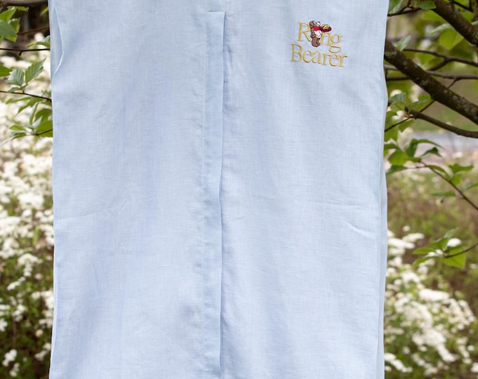 Linen Garment Bag with embroidery Ring Bearer. Blue Wedding Garment Bag with Logo embroidery. Dress Garment Bag for Flower Girl.