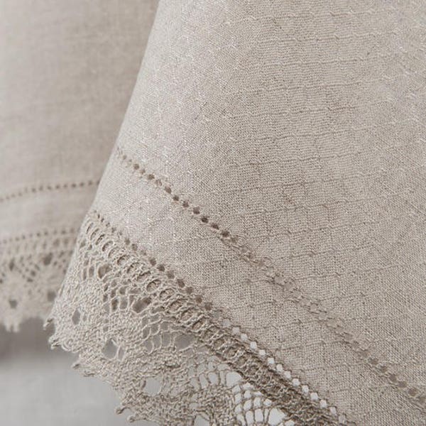 Grey Linen Tablecloth with Lace: Diamond Pattern, Hemstitch Border