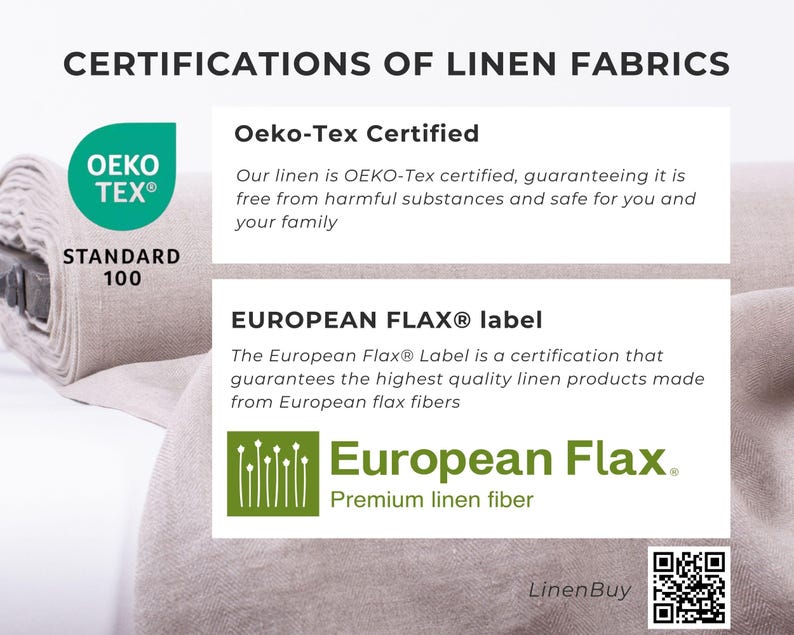 Puede incluir: Una tela de lino blanca con una etiqueta de certificaci&oacute;n Oeko-Tex Standard 100 verde y una etiqueta European Flax verde. El texto "European Flax. Premium linen fiber" est&aacute; debajo de la etiqueta. El texto "Linen Buy" est&aacute; en la parte inferior de la imagen.