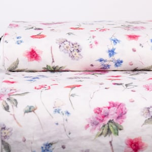 LinenBuy Digitaldruck 100% Leinen Azaleen, Edelweiss, Ringelblumen Design M2-0162-0100 Floral reiner Leinenstoff mittelschwer, vorgewaschen