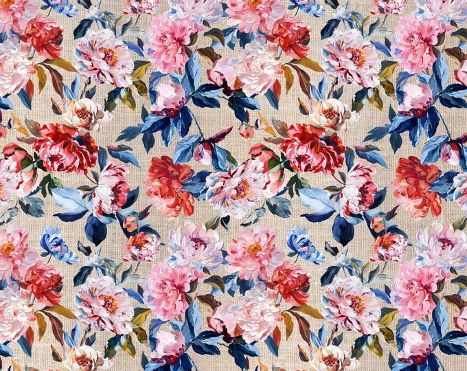 French Linen Fabric with Maison de Fleurs Print, Perfect for Sewing, Yardage Available