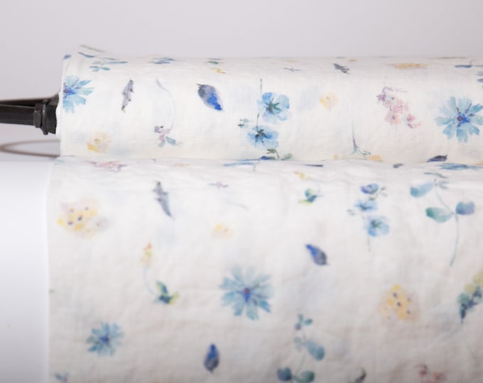 Pure Linen and Features a Digital Print of Cornflowers. It is Medium Weight and Sold by the Yard. LinenBuy