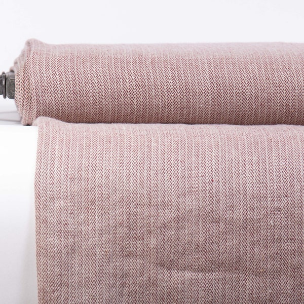 Tissu en lin rouge et gris, chevrons, pur 100 % lin lavé épais 290 g/m², pour vestes, jupes, couvertures, rideaux, couvertures