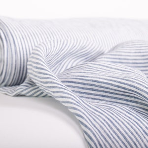 Pure 100% linen fabric Off-white blue striped dense, durable, light weight, washed Organic fabric for Summer Tops, Blouses, Dress, Curtains