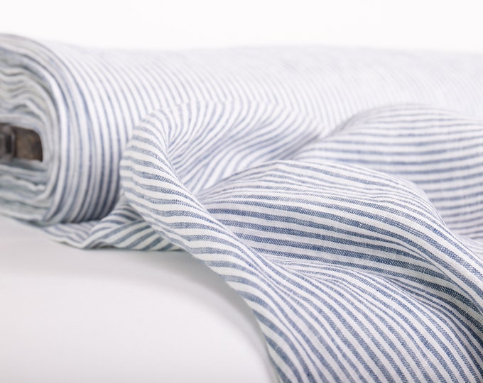 Pure 100% linen fabric Off-white blue striped dense, durable, light weight, washed Organic fabric for Summer Tops, Blouses, Dress, Curtains