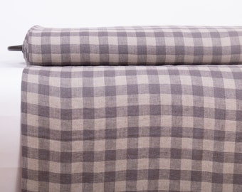 Linen fabric 200gsm medium weight, Pure 100% Dove grey and not- dyed Gingham check, washed and softened,