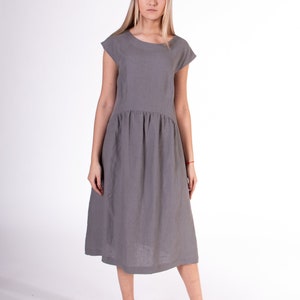 LinenBuy Pure 100% linen dress. Dove gray color. Midi stylish, light-fitting dress from washed linen. Medium length dress with 2 pockets. image 7