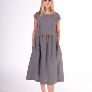 LinenBuy Pure 100% linen dress. Dove gray color. Midi stylish, light-fitting dress from washed linen. Medium length dress with 2 pockets. image 3