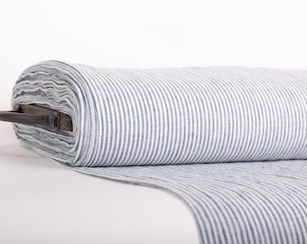 Wholesale French 100% Pure Linen Fabric - Light Weight Off-White & Blue Striped | Fabric by the Bolt
