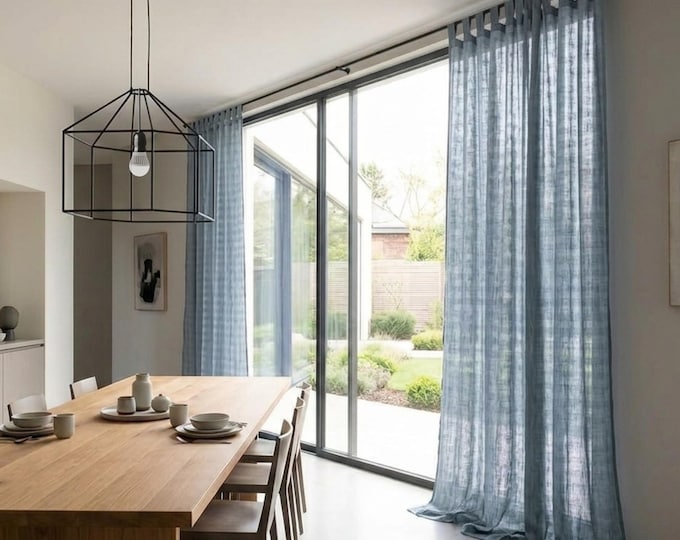 Blue Grey Linen Curtains, Sheer Bluish Grey Linen Curtain Panel, Cloud Grey Checked Linen Drapery, Rod Pocket, Tab Top Linen Voile Curtains