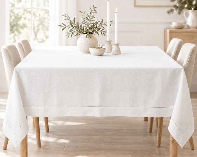 Linen Tablecloth with Hemstitch Detail, Pure European Linen Table Cloth, Natural & Off-White Custom Table Runner, Elegant Dining Decor