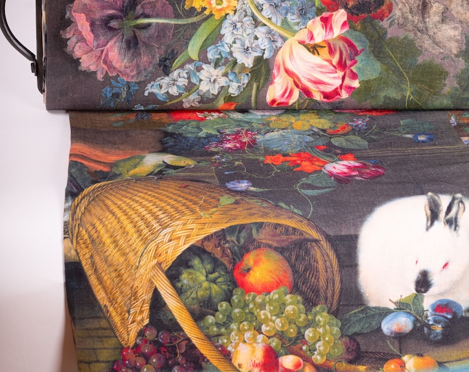 Easter Table Decor Linen Fabric - Whimsical Floral & Animal Print - 100% Linen, Medium Weight. Botanical Linen Fabric