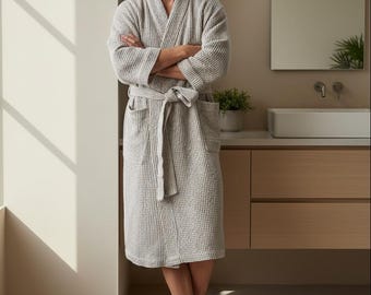 Linen Bathrobe Men, Waffle Linen Robe, Soft Cotton Linen Spa Robe for Men, Lightweight Kimono Robe, Sustainable Birthday Gift for Him