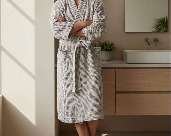 Linen Bathrobe Men, Waffle Linen Robe, Soft Cotton Linen Spa Robe for Men, Lightweight Kimono Robe, Sustainable Birthday Gift for Him