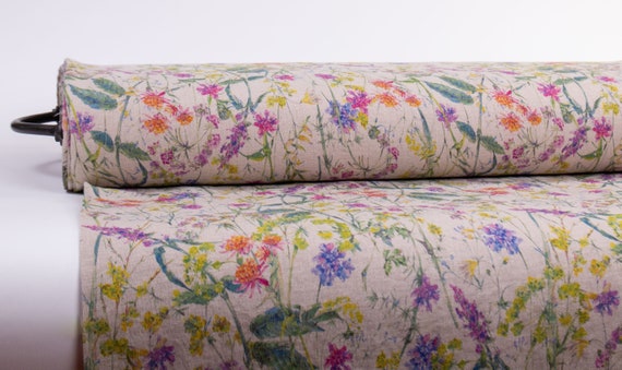 Flowers Fiesta Wildflower Linen Fabric Undyed Oatmeal Base. Botanical Digital Print European Flax, Oeko-Tex Certified Sustainable Material