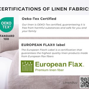 May include: A white linen fabric with a green Oeko-Tex Standard 100 certification logo and a green European Flax label. The text "CERTIFICATIONS OF LINEN FABRICS" is at the top of the image. The text "Oeko-Tex Certified" is below the logo. The text "EUROPEAN FLAX&reg; label" is below the European Flax label. The text "The European Flax&reg; Label is a certification that guarantees the highest quality linen products made from European flax fibers" is below the European Flax&reg; label. The text "European Flax." is below the European Flax label. The text "Premium linen fiber" is below the European Flax label. The text "Linen Buy" is below the European Flax label.