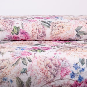 Medium Weight Pure Linen Fabric with Digitally Printed Peonies and Azaleas Design