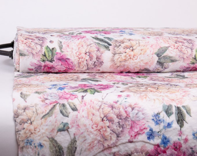 Pure 100% linen fabric. Exclusive digitally printed Peonies, Azaleas Design: M2-0161-0100 Medium weight, washed and softened linen fabric.