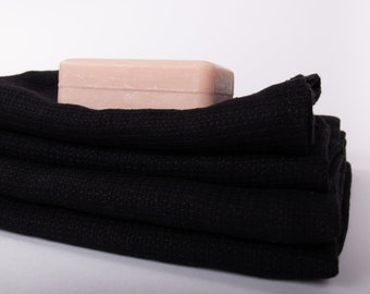 Pure 100% Linen Waffle Pique Bath Towels Black Medium weight Washed Organic Eco friendly