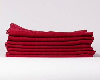 Handmade Linen Napkins Set: Berry Red Mitered Hem, Pre-washed