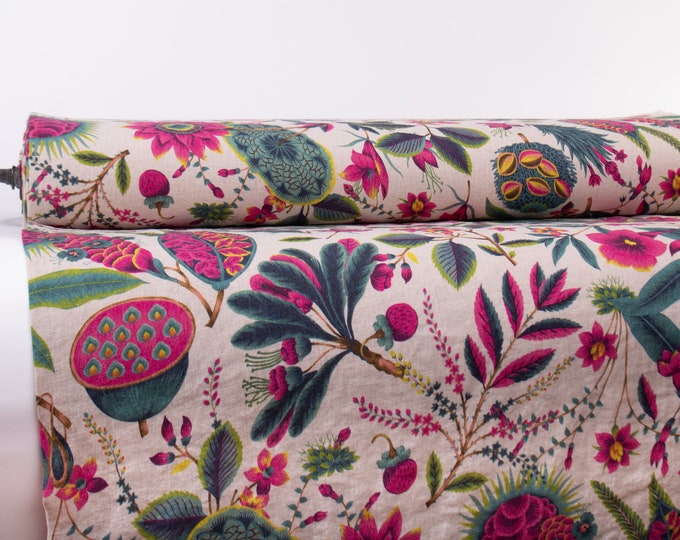Ambrosia Floral Linen Fabric, 100% Pure Linen, Raw Linen, Yard/Meter, OEKO-TEX & European Flax Certified