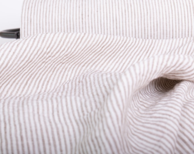 Pure 100% Linen Striped Fabric. Off-white Not- dyed Striped Fabric. Medium weight Washed Dense Durable Non-transparent Organic Biologically