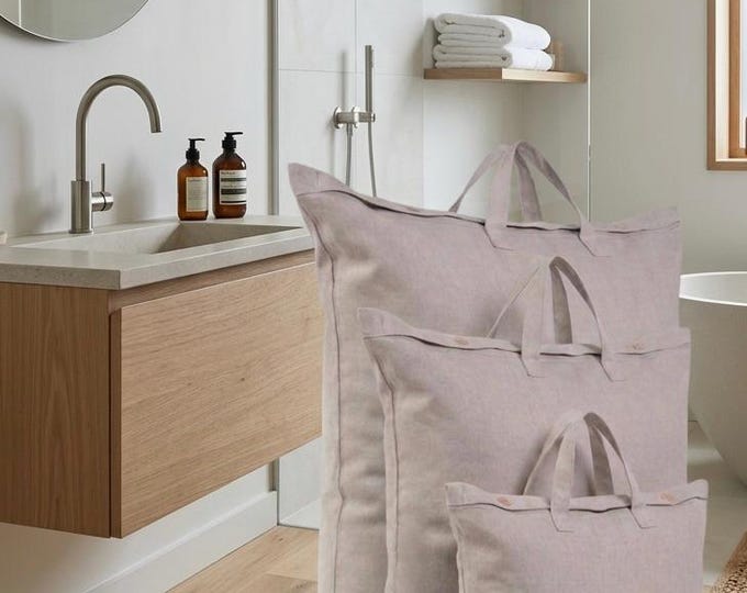 Linen Storage Bag with Handles | Eco-Friendly Laundry & Blanket Organizer | 100% Pure Linen Bag with Buttons or Zipper