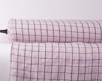 Pure 100% Linen Extra Wide 2.56 yards = 2.35 meters Fabric, Pink Black Checked, Medium Weight, Washed, Eco-friendly, European Flax
