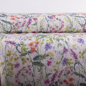 LinoAcquista Tessuto di Lino Puro, Stampa Fiori Fiesta, Tessuto Bianco, Tessuto Floreale, Tessuto di Peso Medio, Tessuto per Sartoria, Tessuto per Tende