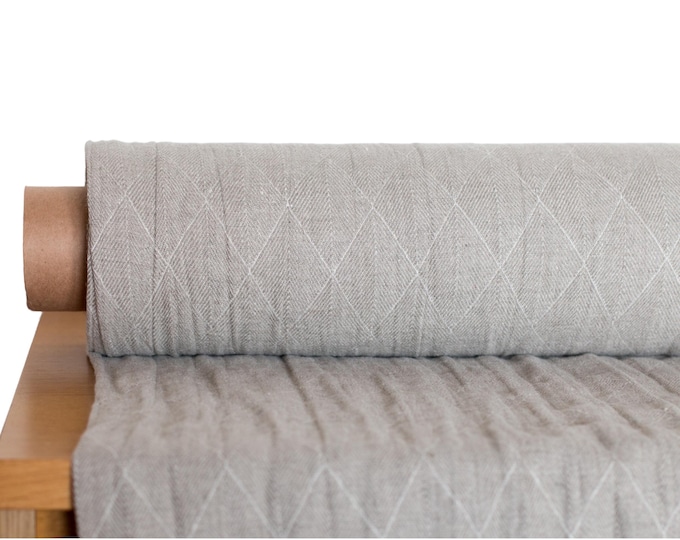 100% Pure Natural, Undyed Linen Jacquard Fabric: Reversible Heavyweight Diamond Twill in Natural Grey & Light Shades