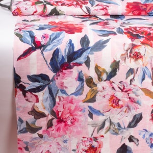 Floral Linen Fabric with Pattern Maison de Fleurs for Sewing and DIY Projects. Fabric Digitally Printed,  Medium weight, Durable