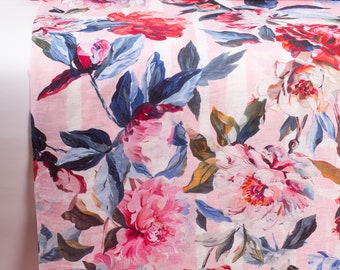 Floral Linen Fabric with Pattern Maison de Fleurs for Sewing and DIY Projects. Fabric Digitally Printed,  Medium weight, Durable