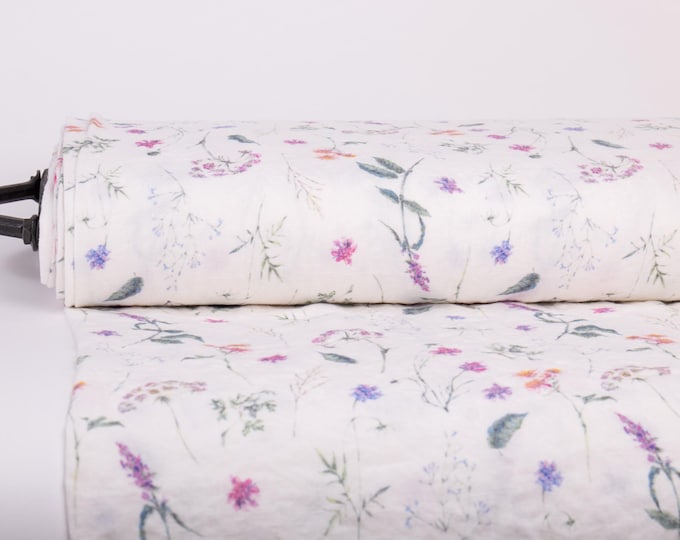 Summer Meadow Floral Linen Fabric Roll, 100% French Flax, Medium Weight, Wholesale Fabric by the Yard
