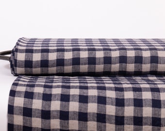 Medium Weight Linen Fabric in a Navy Blue Gingham Check Pattern. Pre-Washed, Suitable for use in Clothing, Home Textiles, Tableware